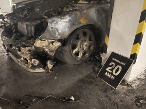 Close up of car destroyed in condo fire in Bangkok